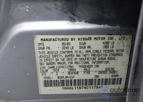 2004 Nissan Altima 2.5 Sl z USA, uszkodzony, nr VIN 1N4AL11D74C117541